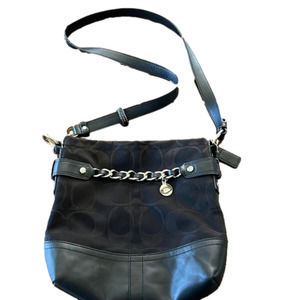 COACH signature print purse with silver chain & leather trim. Leather bottom.